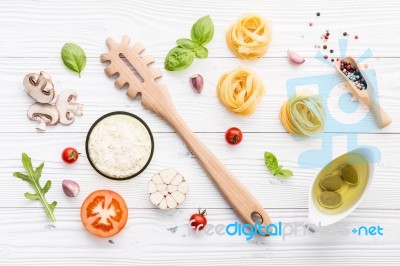 Ingredients For Homemade Pasta On Wooden Background Stock Photo