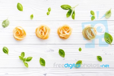 Ingredients For Homemade Pasta On Wooden Background Stock Photo