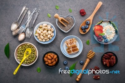 Ingredients For The Healthy Foods Background Mixed Nuts, Honey, Stock Photo