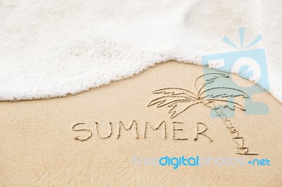 Inscription Of The Word Summer And Palm Tree Drawing On Wet Yell… Stock Photo Inscription Of The Word Summer And Palm Tree Drawing On Wet Yell… Stock Photo