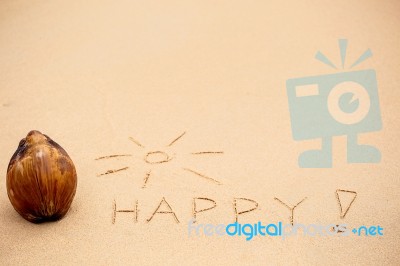 Inscription Of Word Happy With Exclamation Mark Written On Wet Y… Stock Photo