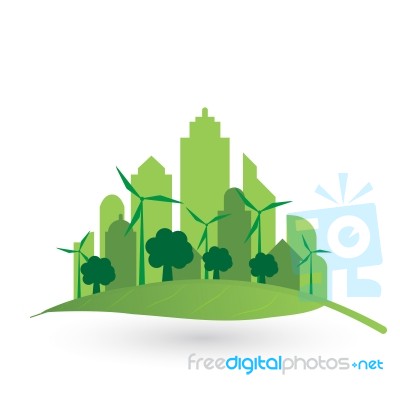 Isolated City Buildings On Green Leaf Design Stock Image