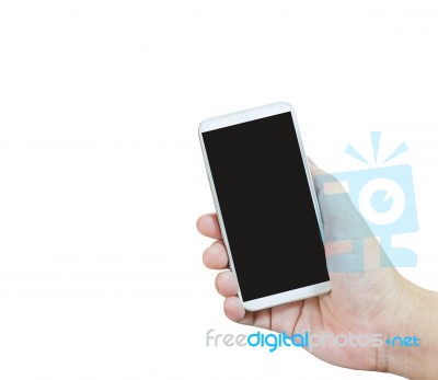 Isolated Hand Presenting Or Show White Smartphone On White Backg… Stock Photo