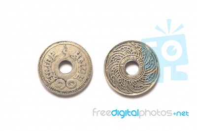 Isolated Of 1937 Old Thai Coin On White Background Stock Photo