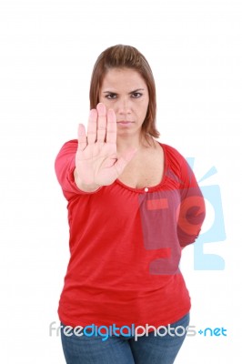 Isolated Young Woman Stop Sign, Focus On Hand Stock Photo