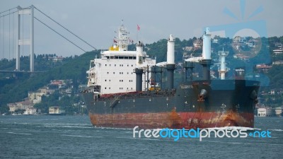 Istanbul, Turkey - May 24 : View Of A Ship Cruising Down The Bosphorus In Istanbul Turkey On May 24, 2018 Stock Photo