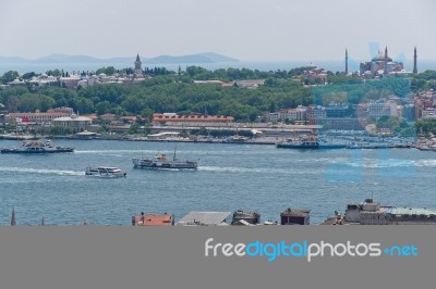 Istanbul, Turkey - May 24 : View Of Buildings Along The Bosphorus In Istanbul Turkey On May 24, 2018 Stock Photo