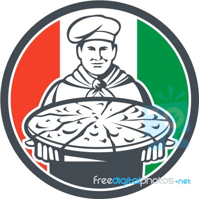 Italian Chef Cook Serving Pizza Circle Retro Stock Image