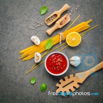 Italian Food And Menu Concept. Spaghetti With Ingredients Sweet Stock Photo