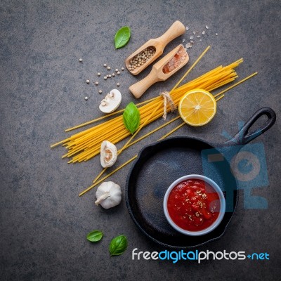 Italian Food And Menu Concept. Spaghetti With Ingredients Sweet Stock Photo