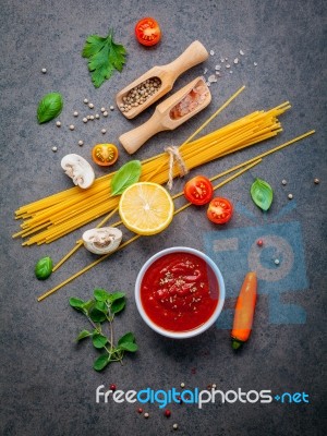 Italian Food And Menu Concept. Spaghetti With Ingredients Sweet Stock Photo