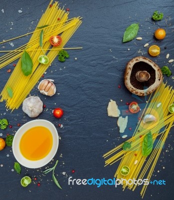 Italian Food Concept. Spaghetti With Ingredients Sweet Basil ,to… Stock Photo