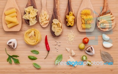 Italian Food Concept .various Kind Of Pasta In Wooden Spoons Wit… Stock Photo