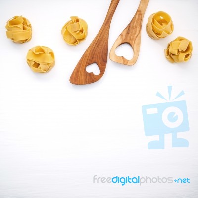 Italian Foods Concept And Menu Design. Dried Homemade Fettuccine… Stock Photo