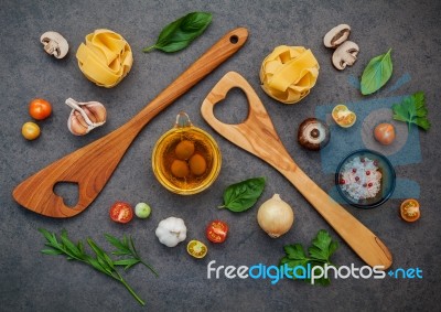 Italian Foods Concept And Menu Design. Fettuccine With Wooden Sp… Stock Photo