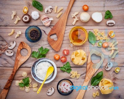 Italian Foods Concept And Menu Design. Fettuccine With Wooden Sp… Stock Photo