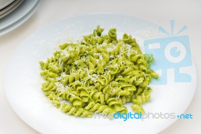 Italian Fusilli Pasta And Pesto Stock Photo