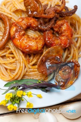 Italian Seafood Spaghetti Pasta On Red Tomato Sauce Stock Photo