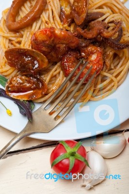 Italian Seafood Spaghetti Pasta On Red Tomato Sauce Stock Photo
