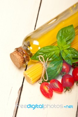 Italian Spaghetti Pasta Tomato And Basil Stock Photo