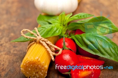 Italian Spaghetti Pasta Tomato And Basil Stock Photo