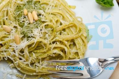 Italian Traditional Basil Pesto Pasta Ingredients Stock Photo