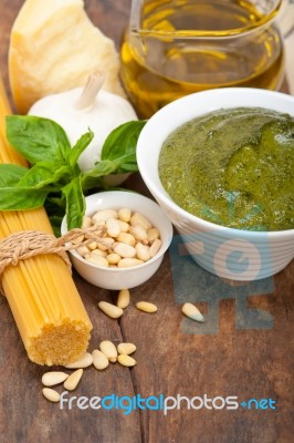 Italian Traditional Basil Pesto Pasta Ingredients Stock Photo