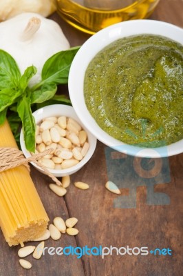 Italian Traditional Basil Pesto Pasta Ingredients Stock Photo Italian Traditional Basil Pesto Pasta Ingredients Stock Photo