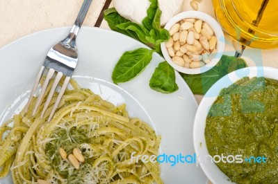 Italian Traditional Basil Pesto Pasta Ingredients Stock Photo