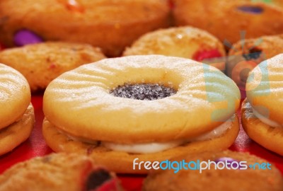 Jam And Cream Filled Biscuits Stock Photo