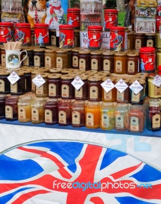 Jams For Sale On An English Market Stall In Bergamo Stock Photo
