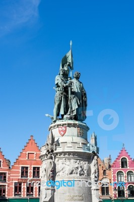 Jan Breydel And Peter De Conik Statue In Market Square Bruges We… Stock Photo