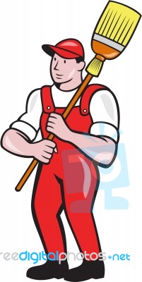 Janitor Cleaner Holding Broom Standing Cartoon Stock Image