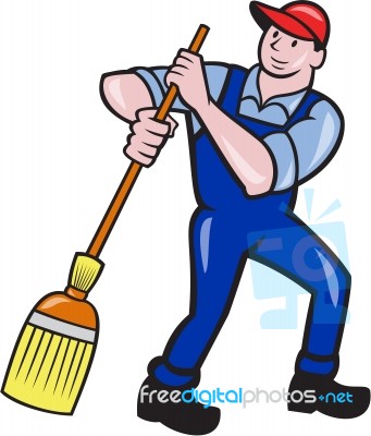 Janitor Cleaner Sweeping Broom Cartoon Stock Image