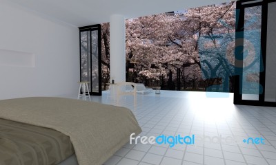 Japan Style Interior With Sakura Flower Tree-3d Rendering Stock Image