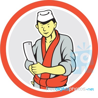 Japanese Butcher Hold Meat Cleaver Circle Cartoon Stock Image
