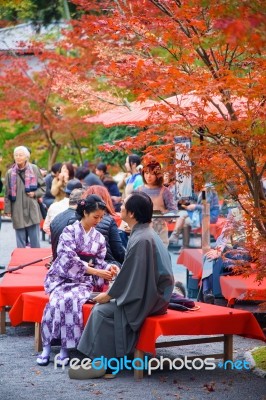 Japanese Couple With Traditional  Kimono At Eikando Temple Stock Photo