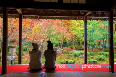 Japanese Girls In Enkoji Temple Enjoy Autumn Colorful Garden Stock Photo