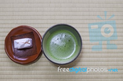Japanese Green Tea With Traditional Paper Wrap Dessert Stock Photo Japanese Green Tea With Traditional Paper Wrap Dessert Stock Photo