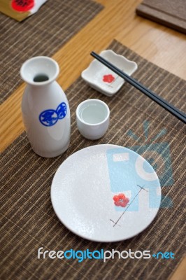 Japanese Style Table Set And Sake Stock Photo