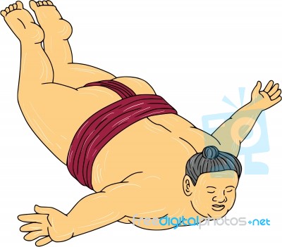 Japanese Sumo Wrestler Diving Drawing Stock Image