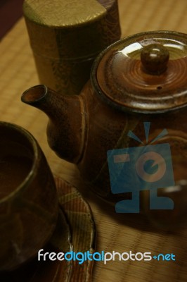 Japanese Tea Set In Tatami Room Stock Photo