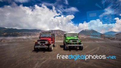 Java,indonesia-arpil 24,2017 : Tourists 4x4 Jeep For Tourist Rent At Mount Bromo In East Java , Indonesia Stock Photo