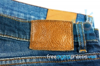 Jeans Closeup Brown Leather Label Stock Photo