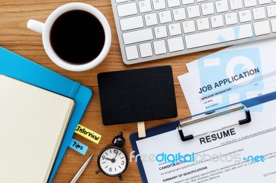 Job Search With Blank Sign On Computer Desk Stock Photo