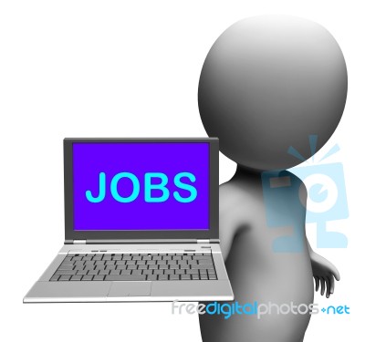 Jobs On Laptop Shows Unemployment Employment Or Hiring Online Stock Image