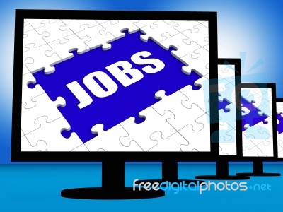Jobs On Monitors Shows Jobless Employment Or Hiring Online Stock Image