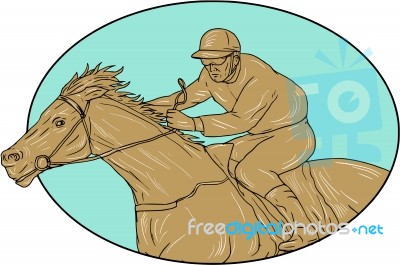 Jockey Horse Racing Oval Drawing Stock Image