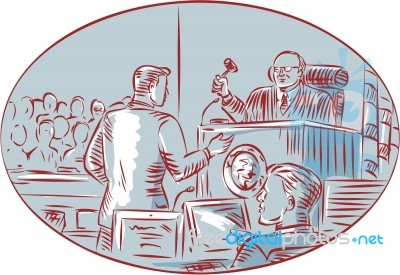 Judge Defendant Courtroom Etching Stock Image