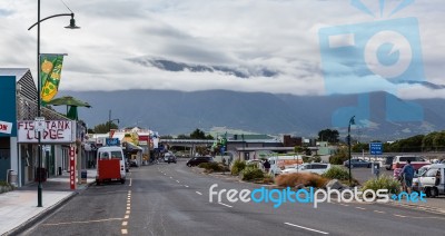 Kaikoura, New Zealand - February 12 : Main Street In Kaikoura In… Stock Photo